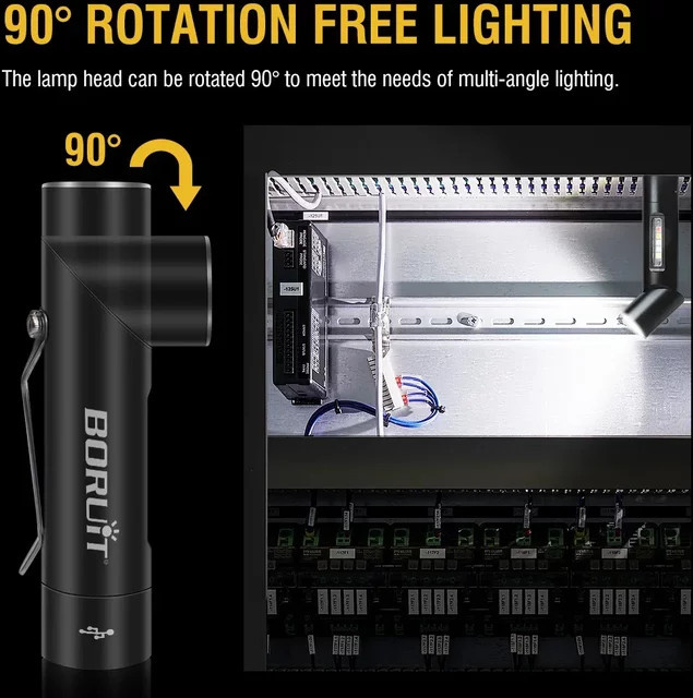 BORUiT V5S UV-LED-Taschenlampe mit 500LM, Drehkopf, Typ C, wiederaufladbar und Magnet, wasserdichte Arbeitsleuchte in Schwarz - Bild 1