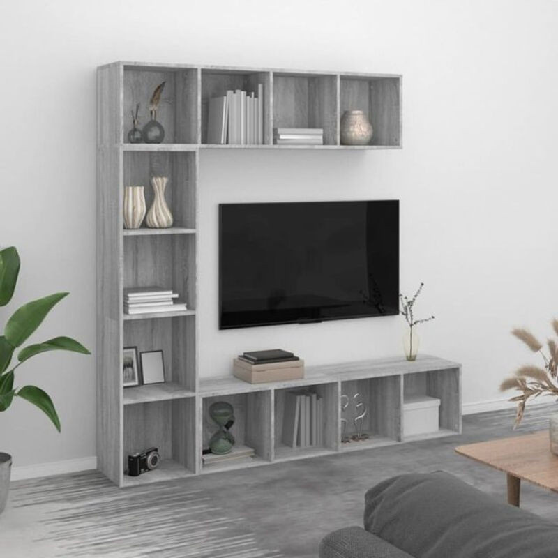 3-teiliges Bücherregal- und TV-Schrank-Set Vidaxl in Grau, Modernes Design aus Holzwerkstoff, B/T/H: 180 x 30 x 180 cm - Bild 1
