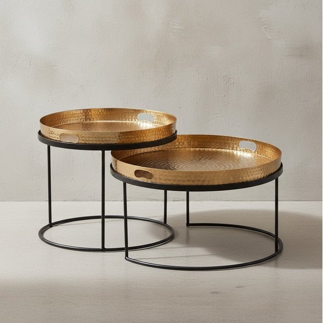 KADIMA DESIGN Modernes Hammerschlag Couchtisch Set aus Aluminium und Stahl in Gold/Schwarz, 2er Pack, B/T/H: 56 x 56 x 33 cm und 33 x 33 x 56 cm - Bild 1
