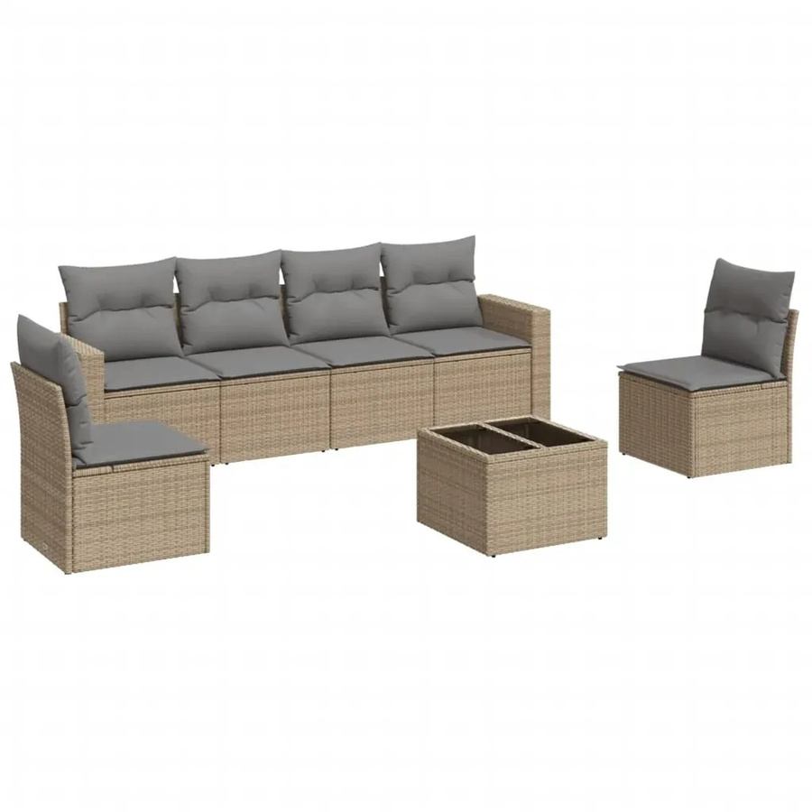 vidaXL 7-teilige Garten-Sofagarnitur in L-Form aus Poly-Rattan mit Kissen in Beige-Grau - Bild 2