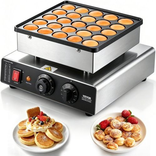 VEVOR Mini Pfannkuchenmaker aus Edelstahl in Silber, elektrischer Poffertjes-Grill mit Timer und Temperaturregelung, 25er Set mit 43 mm Durchmesser, B/T/H: 32 x 32 x 18 cm - Bild 1