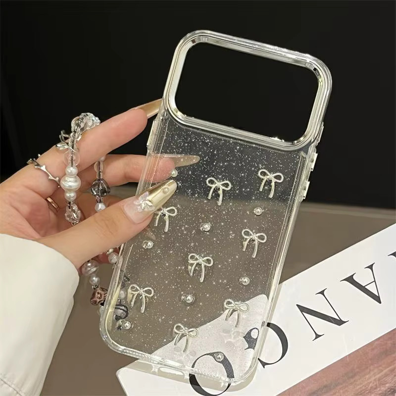 INS Glitzer 3D Silber Bogen Perle Handyhülle mit Lanyard für iPhone 17 Air 16 15 14 13 12 11 Pro Max 16E X XR XS 7 8 Plus - Bild 3