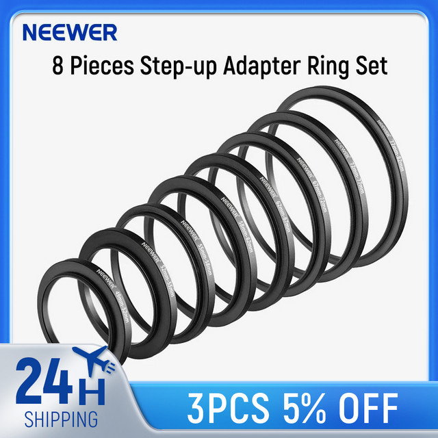 Neewer 8-teiliges Step-up-Adapterring-Set aus eloxiertem Aluminium in Schwarz für die Fotografie (49-52-55-58-62-67-72-77-82 mm) - Bild 1