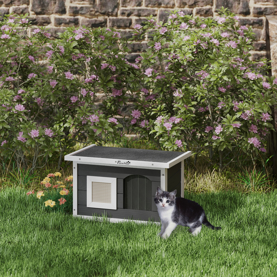 PawHut Katzenhaus aus Holz in Grau mit wetterfestem Klappdach und herausnehmbarem Boden für Indoor und Outdoor, B: 45 cm, T: 61 cm, H: 36,5 cm - Bild 2