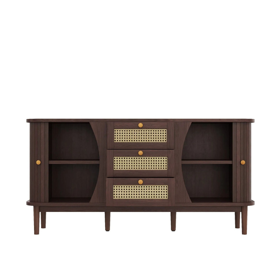 okwish Sideboard mit Schiebetüren und Rattan-Elementen in Braun, B/T/H: 140,5 x 40 x 76 cm - Bild 2
