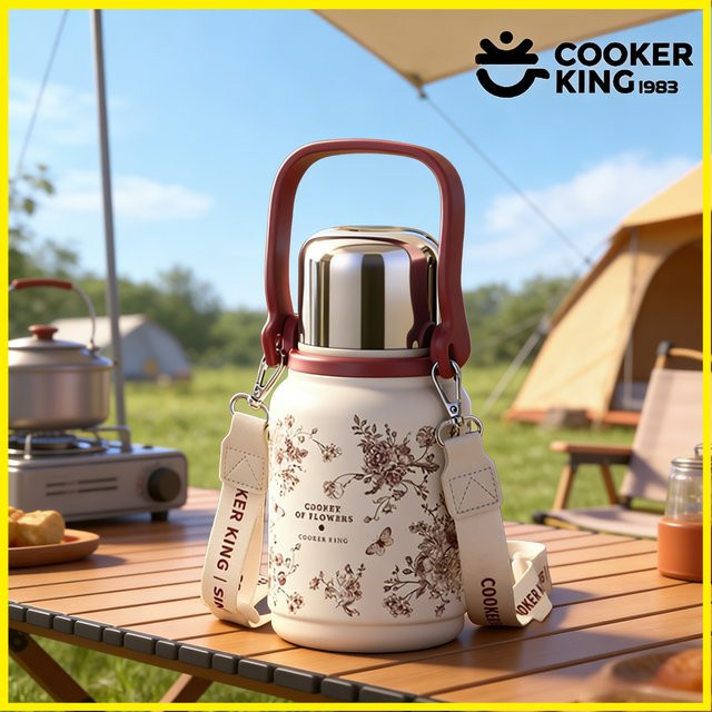 Cooker King Handthermoskanne aus Edelstahl und PP für Camping und Haushalt, 800 ml, Pink/Weiß - Bild 1