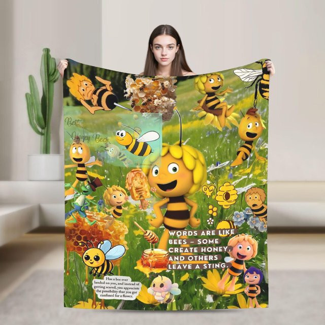 Home Lab Y Überwurfdecke Biene Maja mit Blumen-Motiv aus Flanell Fleece, Mehrfarbig, B: 75 cm, H: 90 cm - Bild 1