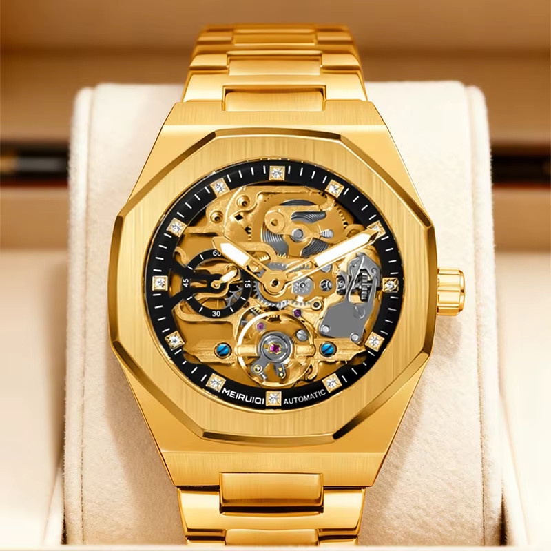 MEIRUIQI Armbanduhr Automatik, Edelstahl, Gold, Schwarz, Herren - Bild 2