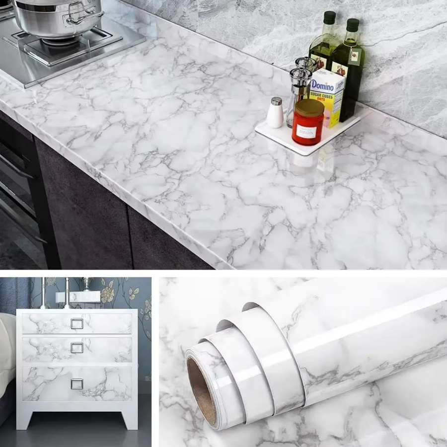 Luck Amy Kontaktfolie aus PVC im glänzenden Granit-Marmor-Design in Grau-Weiß, wasserfest und ölbeständig für Küchen- und Badezimmer-Arbeitsplatten - Bild 2