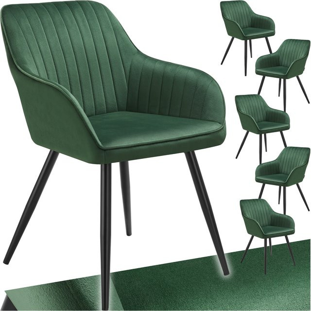 tectake Esszimmerstuhl Marilyn Set 6er, gepolstert in Samtoptik mit Steppmuster, Dunkelgrün-Schwarz, B/T/H: 58 x 62 x 82 cm - Bild 1