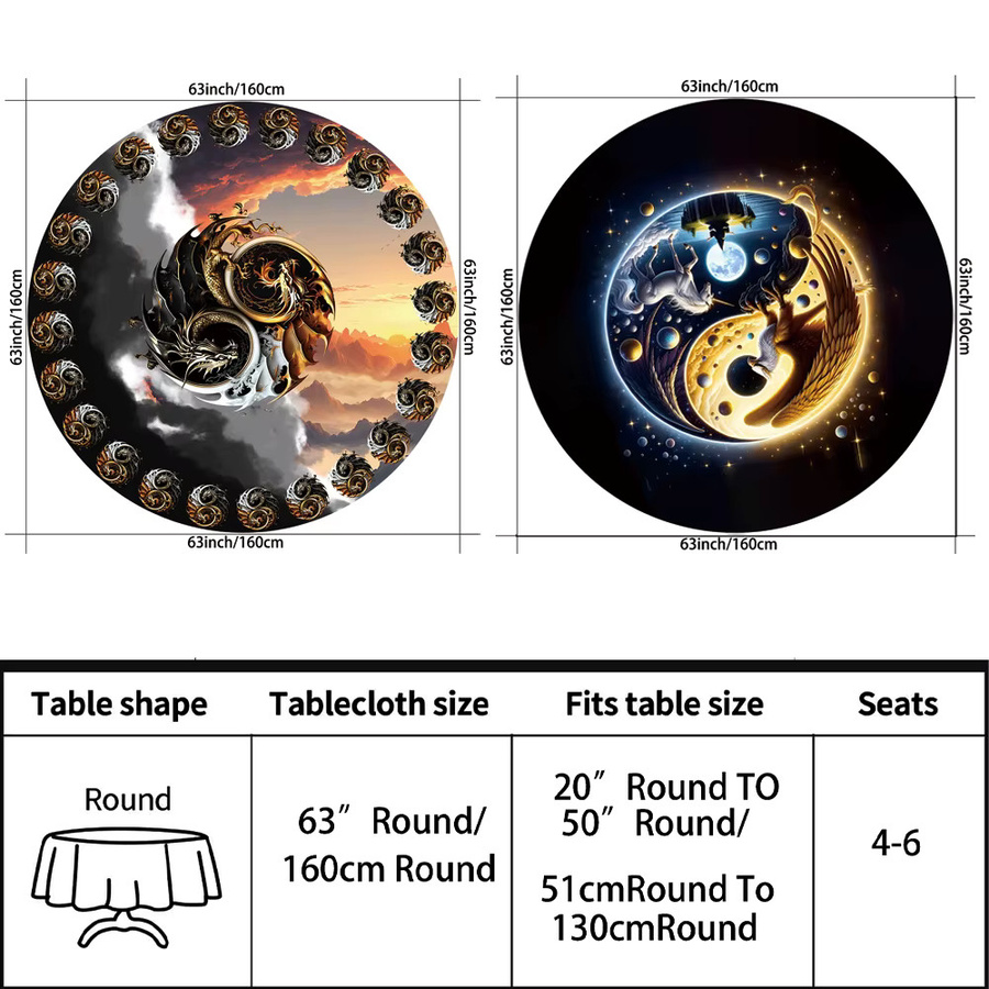 Runde wasserabweisende Tischdecke mit Tai Chi Yin Yang Sonne Mond Drachen und Einhorn Muster in Mehrfarbig - Bild 1