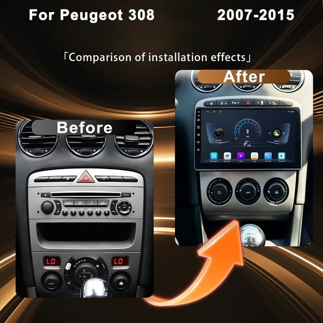 Carplay Autoradio-Player für Peugeot 308 2007-2015 mit Android 13, GPS-Navigation und Multimedia-Funktionen, Schwarz - Bild 1