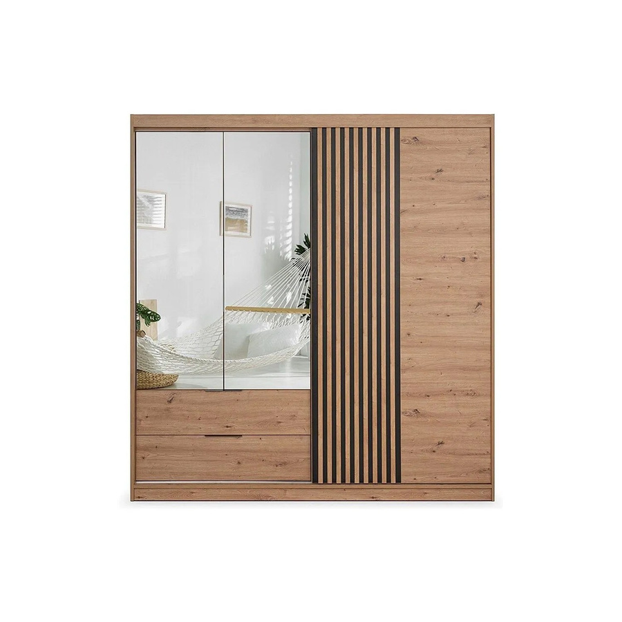 Kleiderschrank Sidovia von Vente-unique in Natur, Schwarz und Braun mit Spiegel, Breite: 203 cm, Tiefe: 60 cm, Höhe: 213 cm - Bild 2