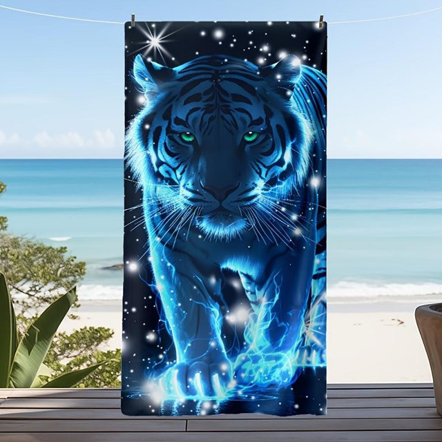 Strandtuch mit Tiger Muster aus Mikrofaser, schnelltrocknend und sandabweisend, B: 40 cm, H: 60 cm - Bild 1