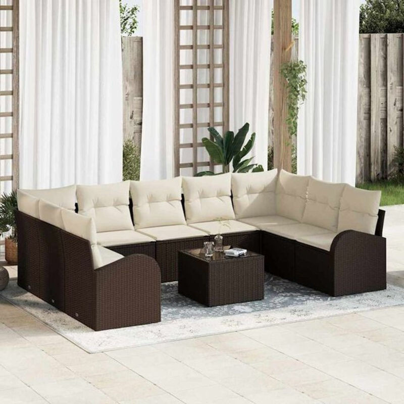 Vidaxl Garten-Sofa-Set aus Poly-Rattan mit 10 Kissen in Braun und Weiß, modulares Loungemöbel-Set mit Metallgestell - Bild 1