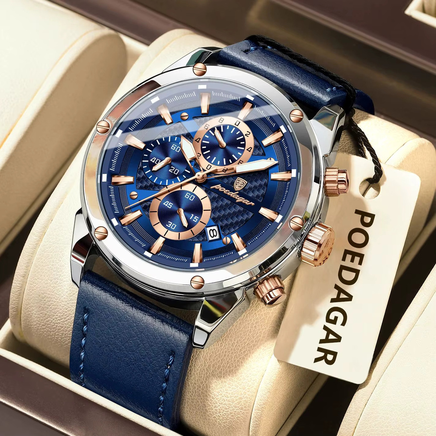POEDAGAR Armbanduhr Chronograph, Quarz, Leder, Herren, Blau - Bild 2