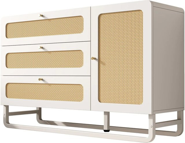 okwish Kommode mit Rattan und Goldgriffen in Weiß, B/T/H: 120 x 40 x 85 cm - Bild 1