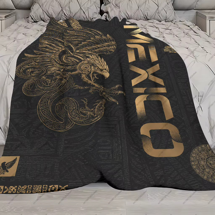 Mexikanische Azteken-Adler-Schlangen-Wurfdecke in Schwarz-Gold mit ethnischem Ornament-Design - Bild 4