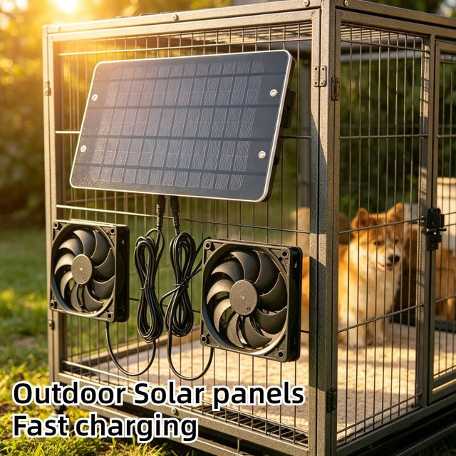 EESBAO 10W Solarpanel-betriebenes Doppellüfter-Belüftungsset in Schwarz für Hundehütten, Gewächshäuser und Tierställe - Bild 1