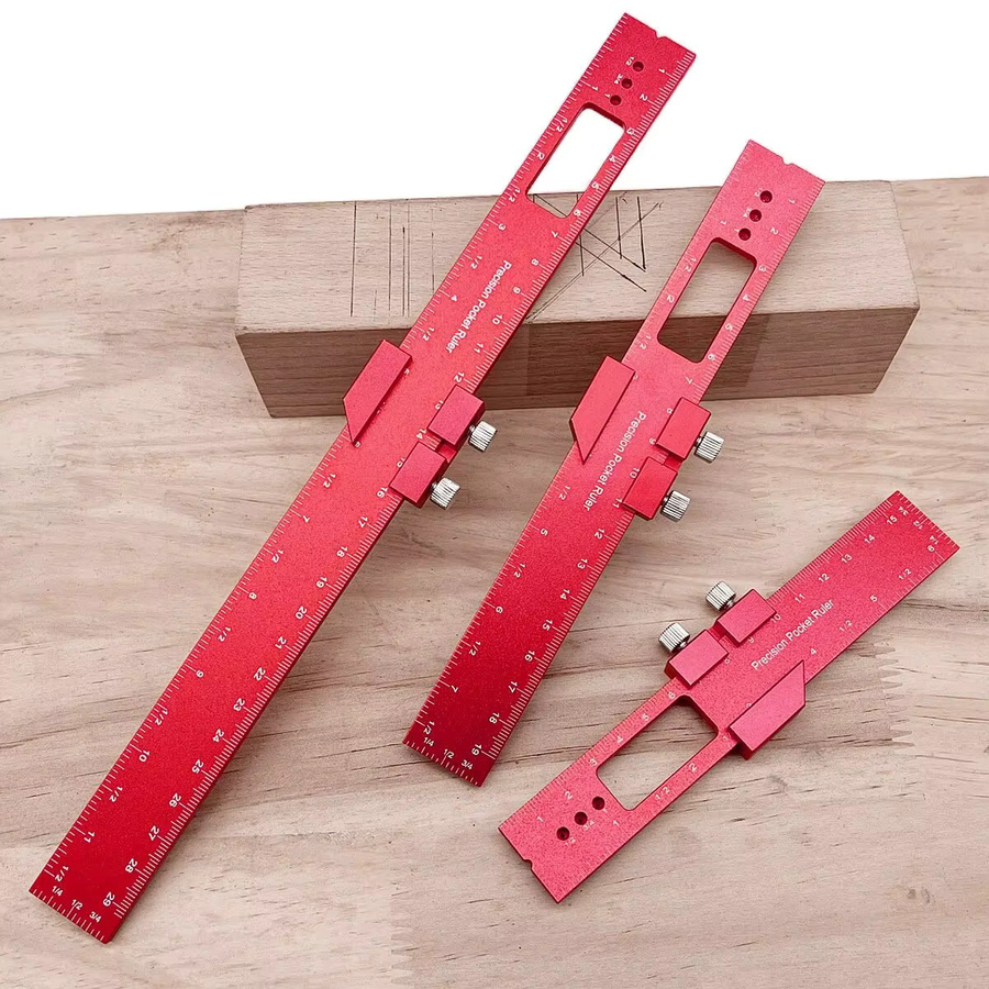 GDART Präzisions-Taschenlineal aus Aluminium mit Metallschieber und Schiebestopp in Rot, T-Typ-Anreißlineal für die Holzbearbeitung mit Zoll und metrischer Skala - Bild 2