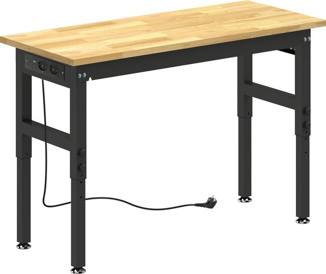 HOMCOM Werkbank aus Gummibaumholz in Schwarz und Braun mit Lochwand, Steckdosen sowie USB- und Type-C-Anschluss, höhenverstellbarer Arbeitstisch mit 900 kg Tragkraft, B/T/H: 122 x 51 x 99 cm - Bild 1