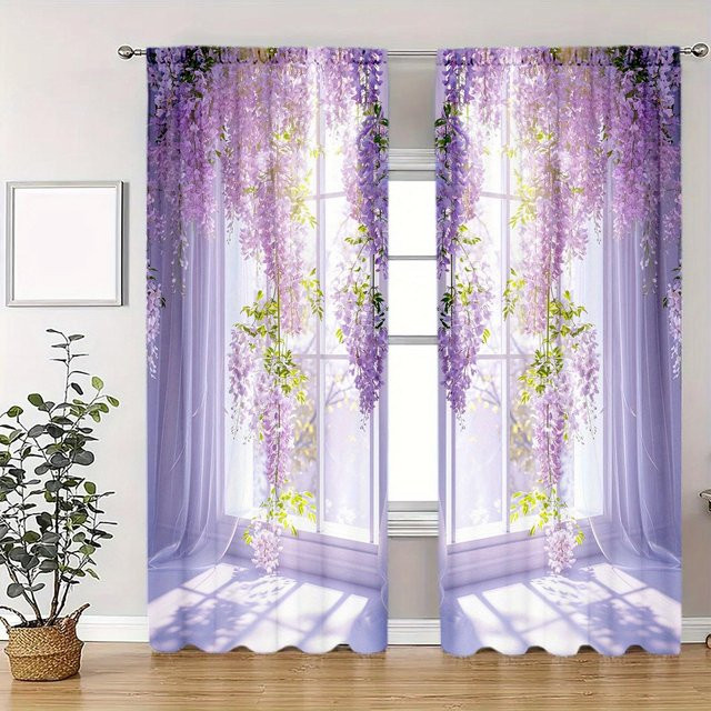 2-teiliges Set Yiran Furniture Vorhänge mit 3D-Blumenmuster in Violett, Breite: 50 cm, Höhe: 130 cm - Bild 1