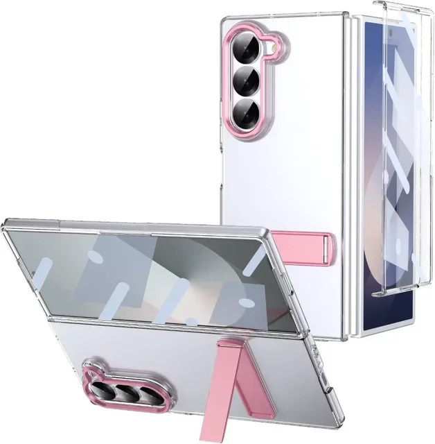Transparente Handyhülle mit galvanisierter Halterung für Samsung Galaxy Z Fold 6 5 4 3 5G in Pink - Bild 1