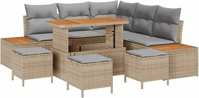 vidaXL Gartensofa-Set aus Poly Rattan in Beige mit Kissen und Stauraumfunktion, 9-teiliges L-Shape Lounge-Set mit Tisch und Hockern - Bild 1
