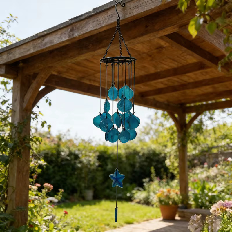 Dekoratives Buntglas-Muschel-Windspiel in Blau und Multicolour als maritimes Hängeornament für Garten und Terrasse - Bild 5