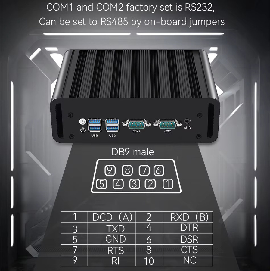 YCSD Lüfterloser Industrie-Mini-PC mit Intel N100, 2x Ethernet, 2x COM RS232/485, 6x USB, 4G LTE SIM-Karte und WLAN in Schwarz - Bild 3