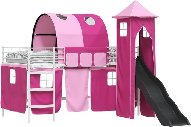 vidaXL Kinderloftbett aus Metall in Weiß und Rosa mit Hausrahmen - Bild 1