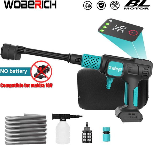 4Gears Bürstenloser elektrischer Hochdruckreiniger mit Digitalanzeige und Akku-Autowaschpistole in Schwarz, kompatibel mit Makita 18V, 280 Bar - Bild 1