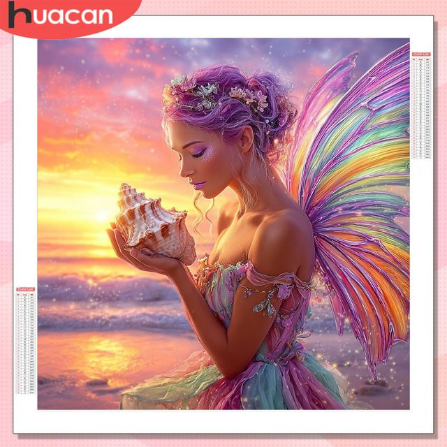 HUACAN Diamant-Malerei-Set Frauenporträt mit Schmetterling, Meer und Sonnenuntergang, Multicolour, B/H: 20 x 20 cm - Bild 1