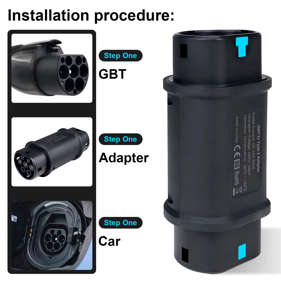 Kolanky GBT auf Typ 2 EV-Ladegerät-Adapter, 32 A 22 kW, Schwarz, für EU-Typ-2-Elektrofahrzeuge - Bild 3