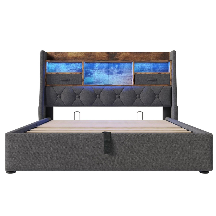 okwish Polsterbett Grau mit LED-Kopfteil, USB-Anschluss und Ablagefächern für Kinderzimmer und Schlafzimmer, B/T/H: 140 x 200 x 102 cm (ohne Matratze) - Bild 2