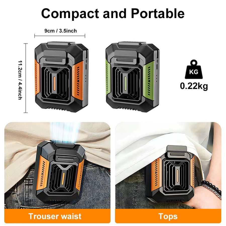 Tragbarer Taillenventilator von raugee mit 4000mAh Akku, Mini-Halsventilator für Outdoor als USB-Luftkühler und Campingventilator mit Powerbank und Licht in Schwarz und Grün - Bild 4
