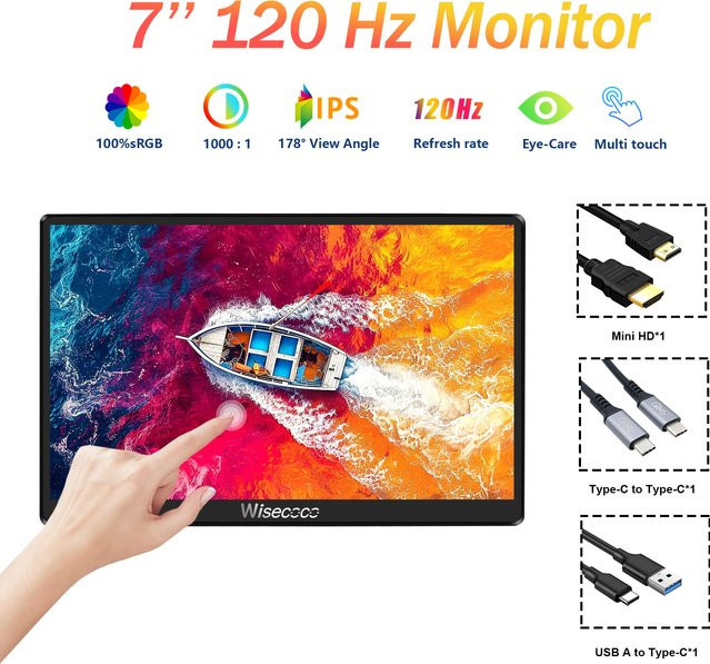 Wisecoco Tragbarer 7 Zoll Gaming Monitor mit 120 Hz Touchscreen, Full HD IPS Display, Schwarz, USB-C Anschluss für PC, Switch, PS5 und Xbox - Bild 1