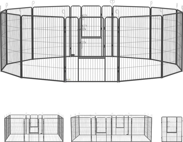 PawHut Welpenlaufstall Grau, 12-teiliges faltbares Freilaufgehege für Hunde mit 2 Türen und 12 Gitterplatten, Höhe: 100 cm - Bild 1