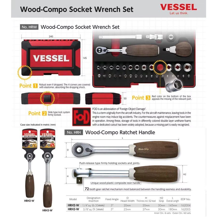 VESSEL Dreh-Ratschen-Steckschlüssel-Set mit japanischer Holzkomposition in Weiß oder Schwarz, 3/8 Zoll und 1/4 Zoll - Bild 2