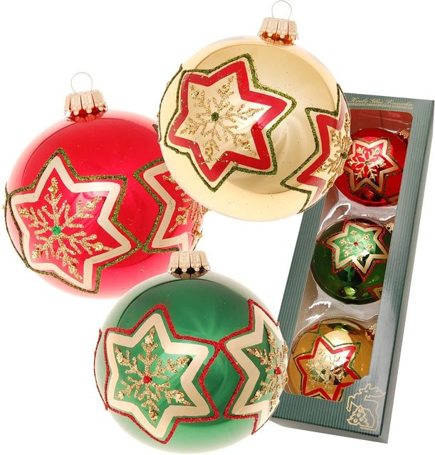 Krebs Glas Lauscha GmbH Weihnachtskugeln aus Glas mit Sternen- und Schneeflockendekor, 3 Stück, Durchmesser: 8 cm, Farben: rot, grün, gold - Bild 1