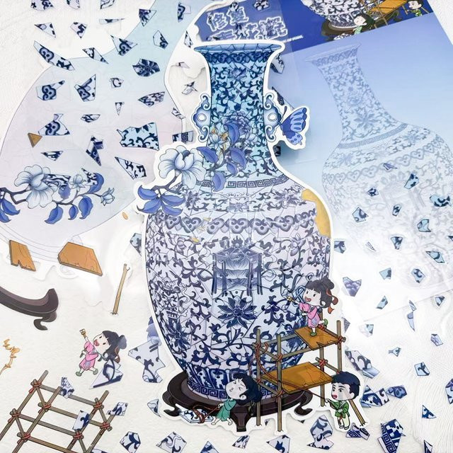 4 Stück Miniaturszenen Aufkleber für DIY-Landschaftsbau mit kulturellen Relikten in Blau aus Papier - Bild 1