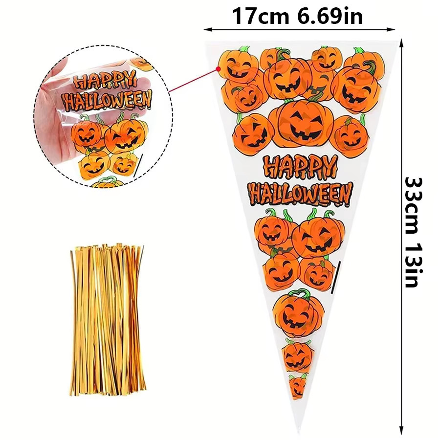 100 Stück transparente Zellophan-Leckerlibeutel mit Kürbis-Design für Halloween von JXB - Bild 2
