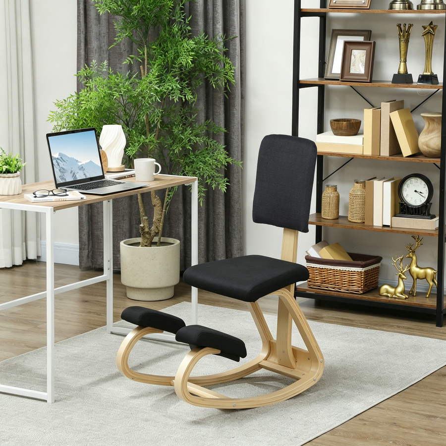 HOMCOM Ergonomischer Kniestuhl mit Rückenlehne und Holzbasis in Schwarz - Bild 2