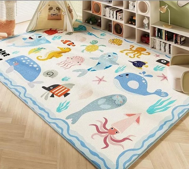 Karpetti Teppich mit Cartoon-Weltkarte, Unterwasserwelt und Weltraum, Waschbar und Rutschfest, B/T: 80 x 120 cm, Mehrfarbig - Bild 1