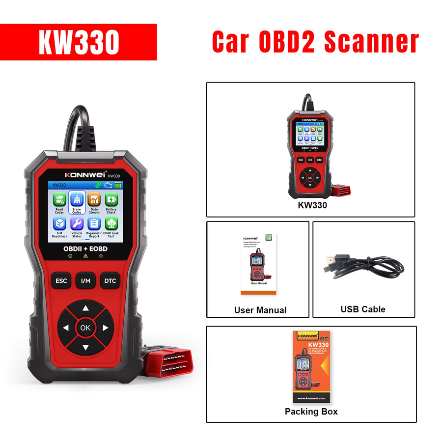 KONNWEI KW330 OBD2 Scanner Auto-Diagnosegerät in Rot zur Fehlercode-Auslesung und Batterieprüfung - Bild 7
