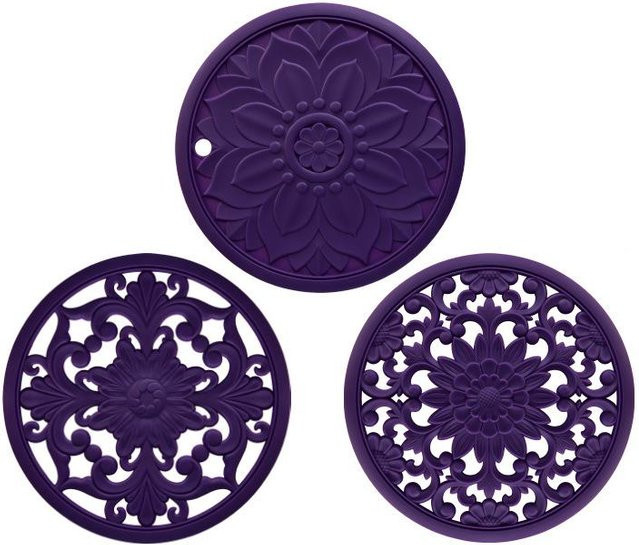 Mango Event 3er Set Silikon Geschirr Matten Vintage Hohl Carving Tischsets Wärme-isoliert, Farbe: Violett, Durchmesser: 16 cm - Bild 1