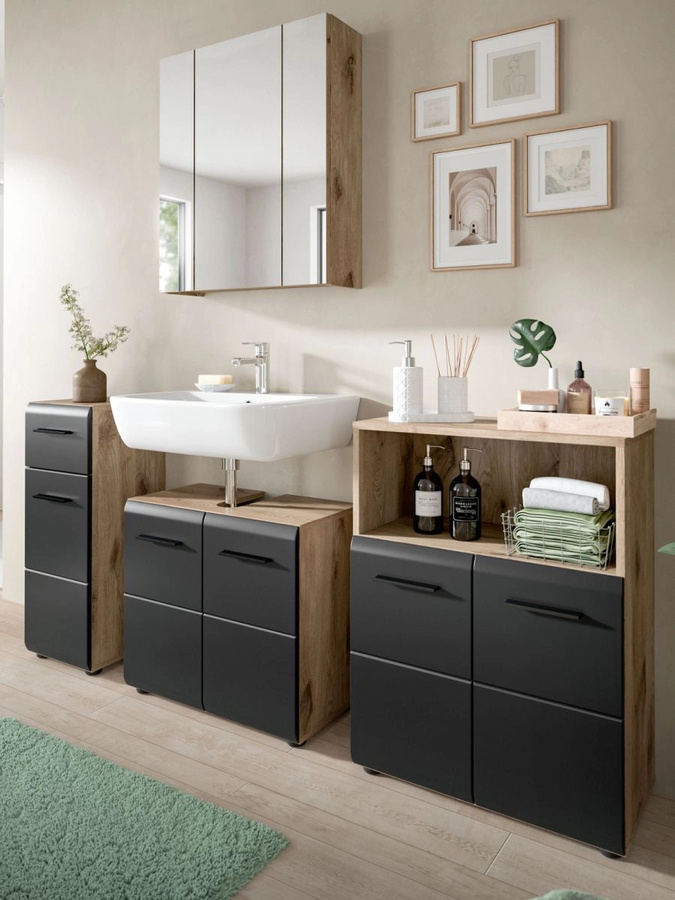 Badmöbel Set Cover von Inn.Furn in Schwarz und Eiche, 4-teilig, modern mit LED-Beleuchtung, Breite: 180 cm, Höhe: 185 cm, Tiefe: 30 cm - Bild 1