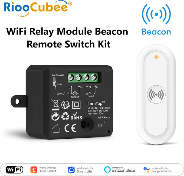 RiooCubee Tuya Smart Life Wireless Socket Relaismodul in Schwarz mit 1-Tasten-Fernbedienung, Timer und Kompatibilität mit Google Home und Amazon Alexa - Bild 1