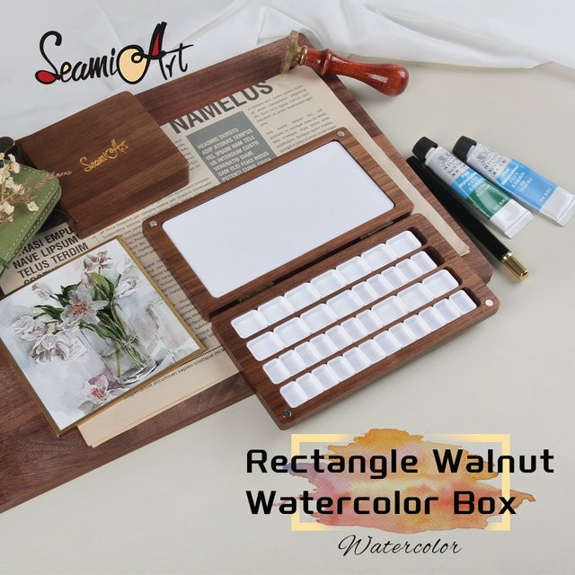 SeamiArt Malbox aus schwarzem Walnussholz mit Palette und halben Pfannen für Aquarellfarben in Schwarz und Braun - Bild 1