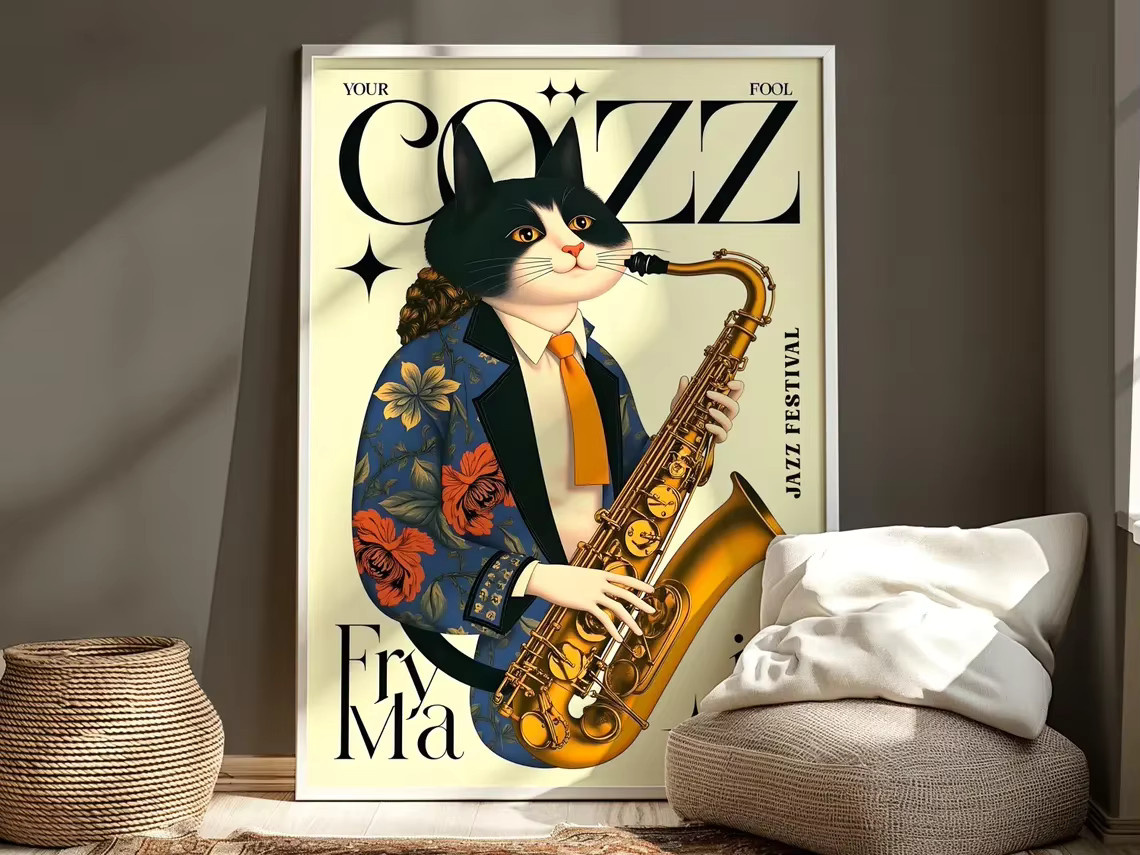 Vintage Jazz-Katzen Wandkunst aus Papier von SHENCHEN in Mehrfarbig - Bild 4